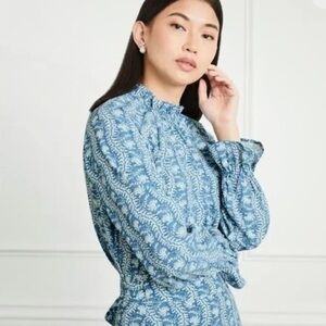 House The Millie Top Blouse Trailing Vine Blue White Crepe Sz XS